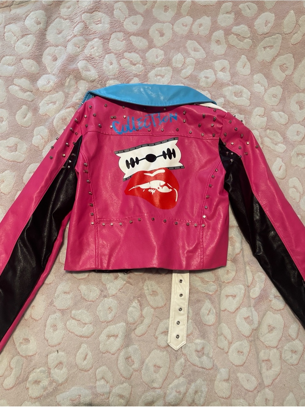 Pink & Black Studded Faux Leather Jacket with Blue Collar - Picture 3 of 3